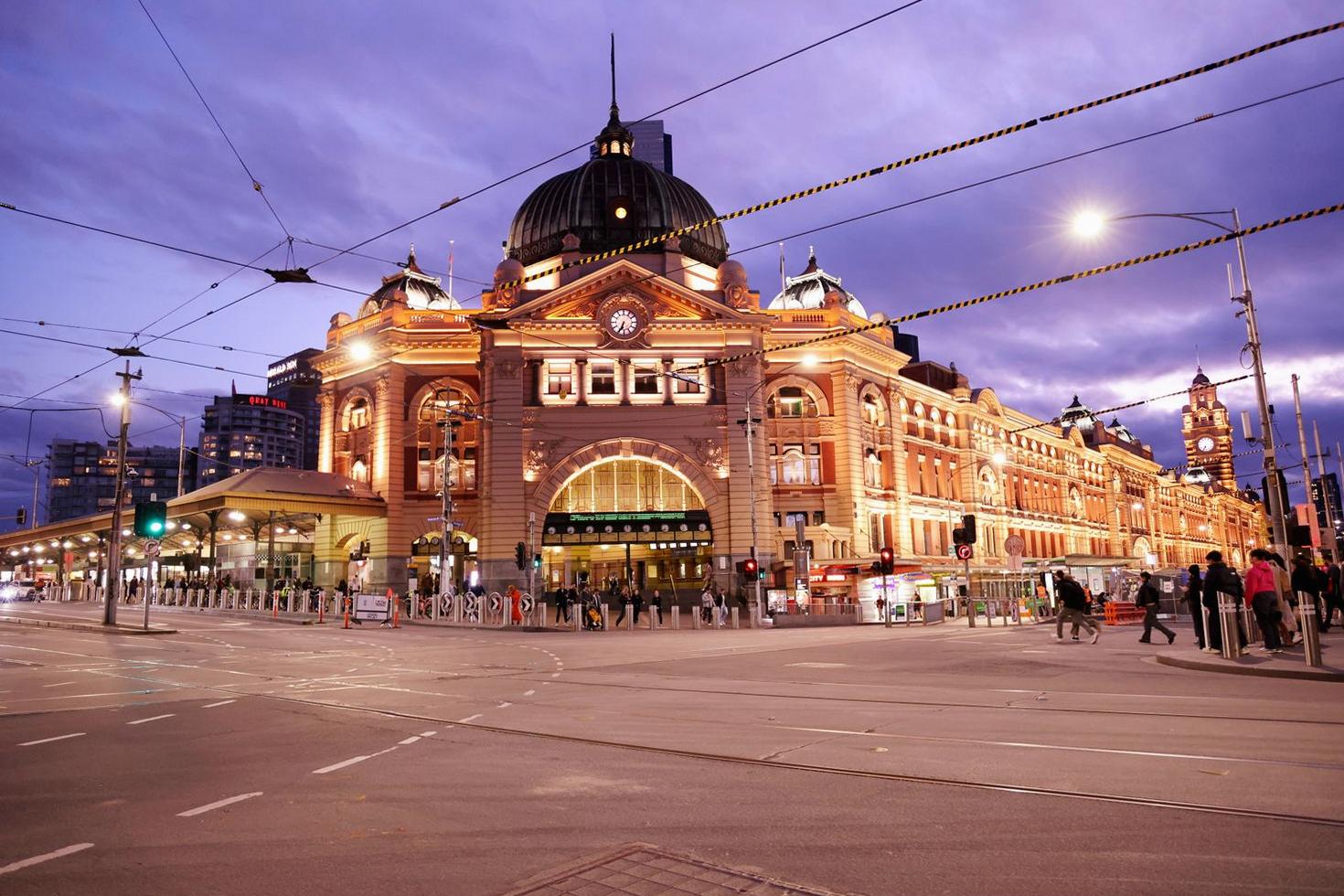 Cinematic view of Flinders Street Station at twilight